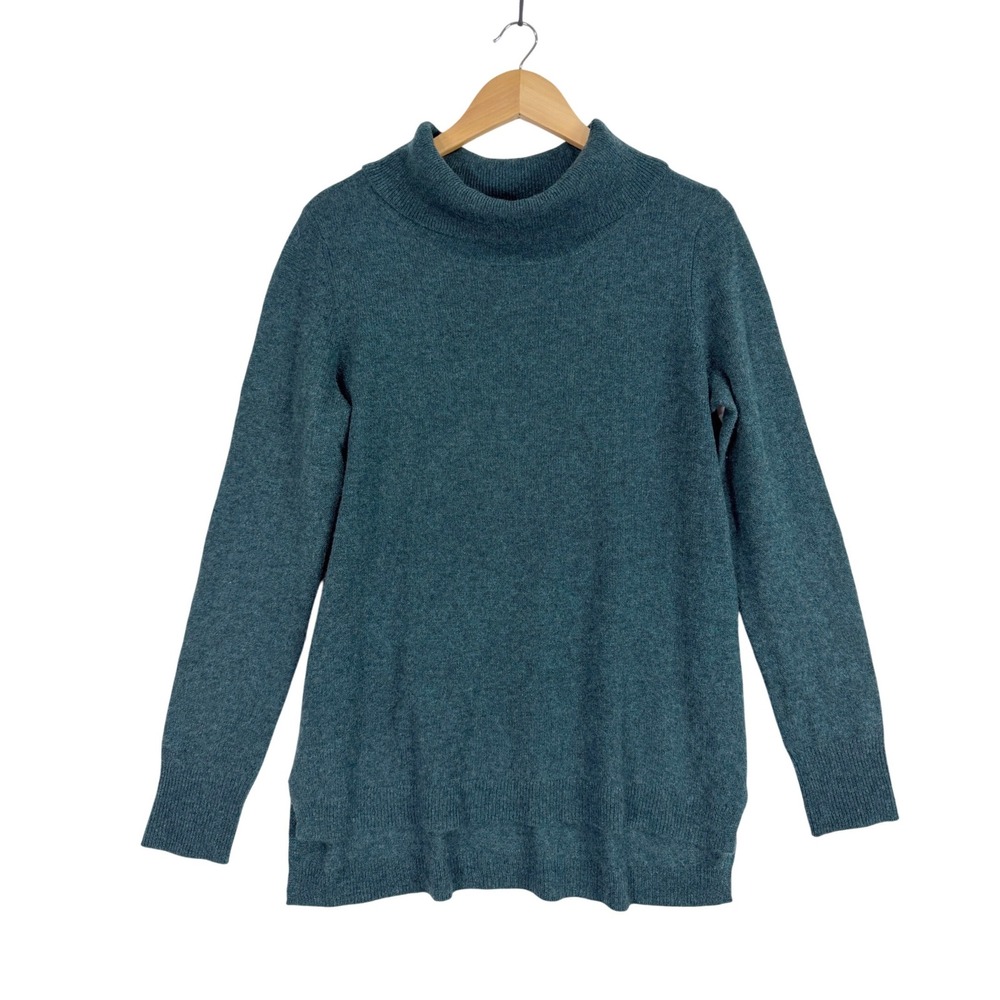 Susina Sweater Womens Large Teal 100% Cashmere Funnel Neck Side Slit Hem